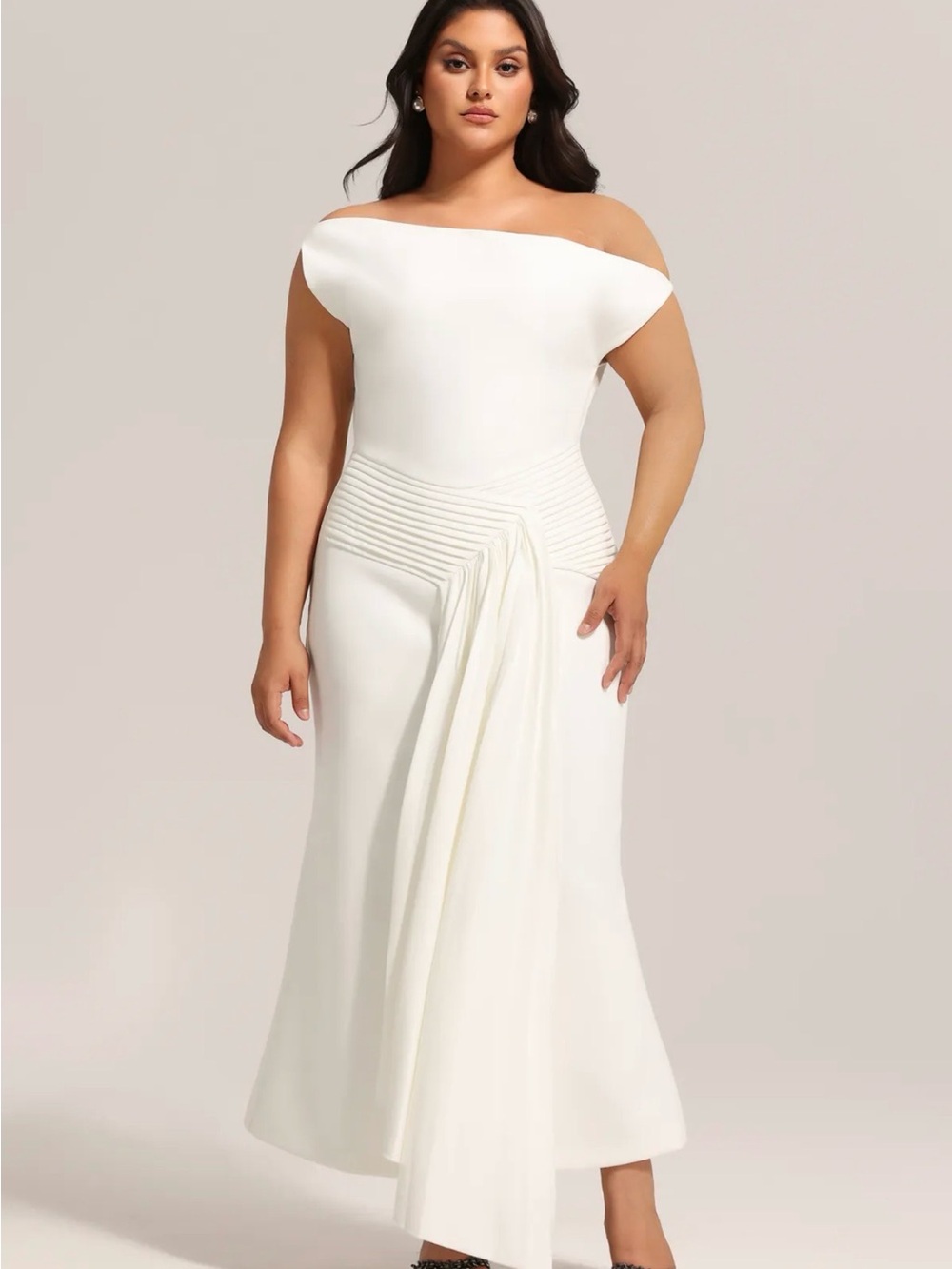 One-Shoulder Ivory Evening Gown with Draped Front
